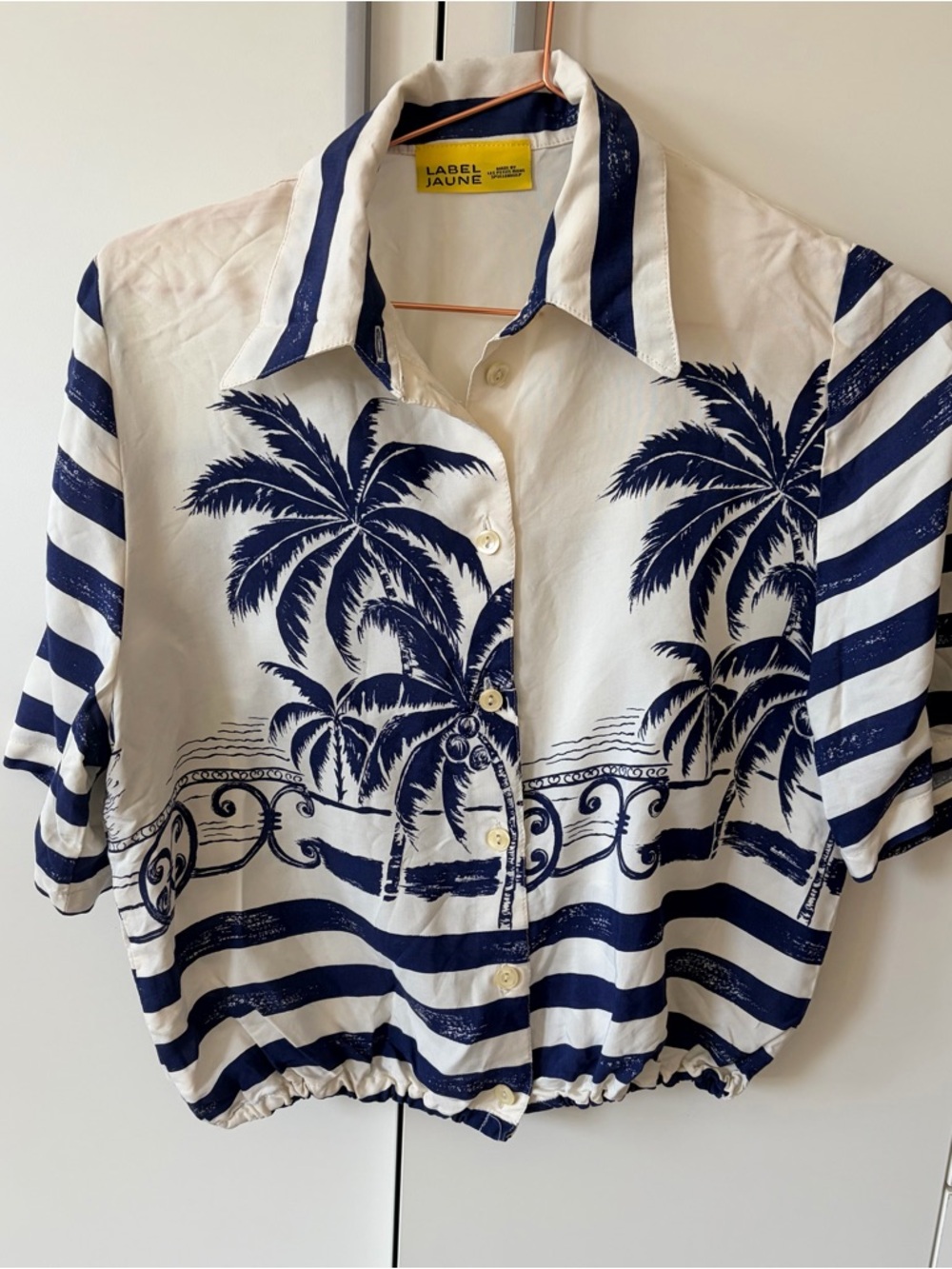 Upcycled Navy & White Palm-Print Button Front Top♻️